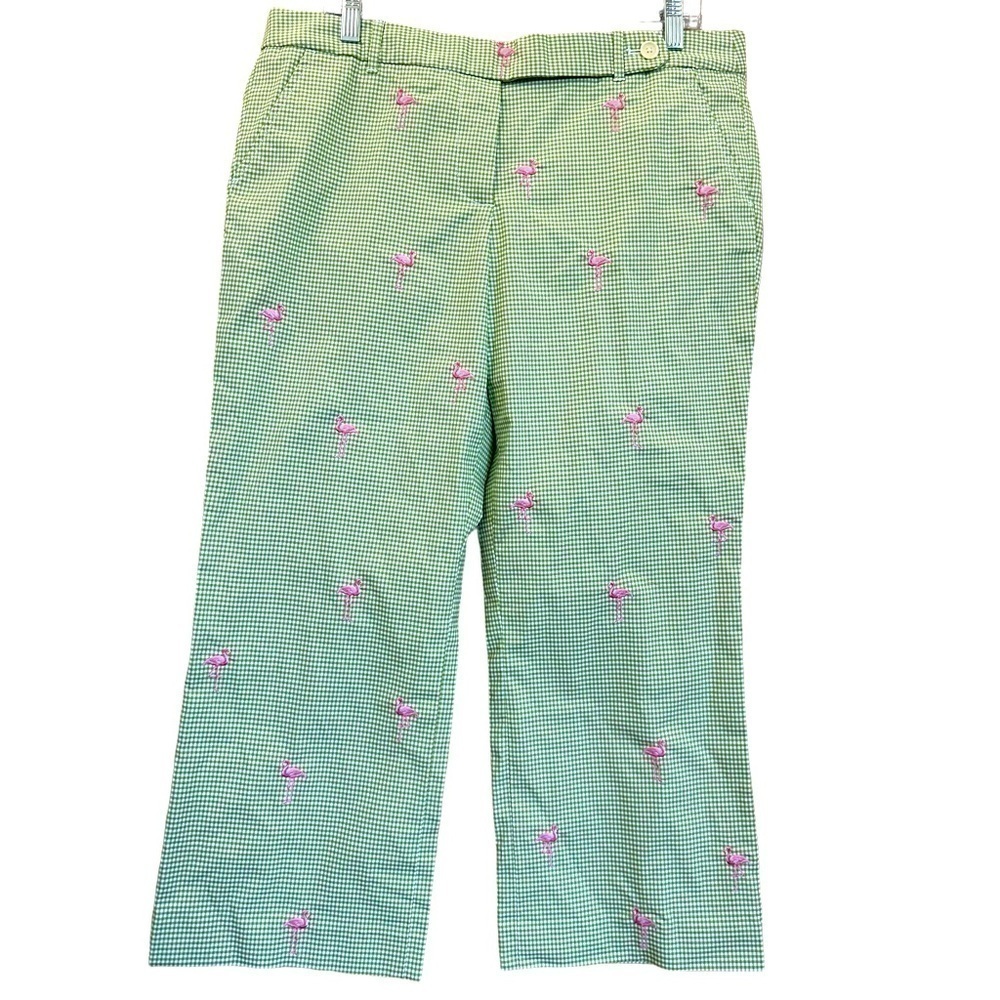J. Crew Green Gingham Cropped Pants with Pink Embroidery